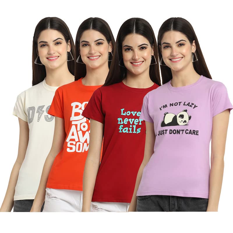 Preneum Womens Cotton Regular Fit Latest Graphic Stylish Printed Short Sleeves Casual T-Shirt || Trends & Stylish (Pack 4), Ora