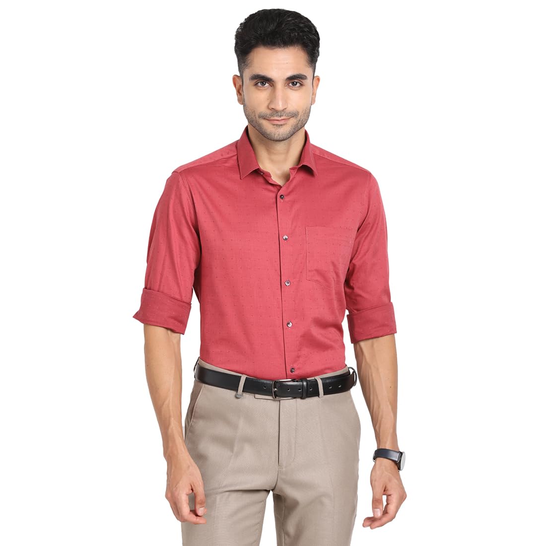 Turtle Men 100% Cotton Dobby Print Slim Fit Red Formal Shirt