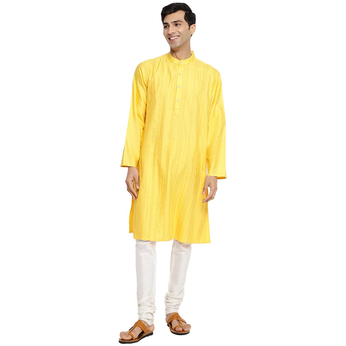 Fabindia MenS Viscose Silk Pintucks Relaxed Kurta (102886601_Yellow