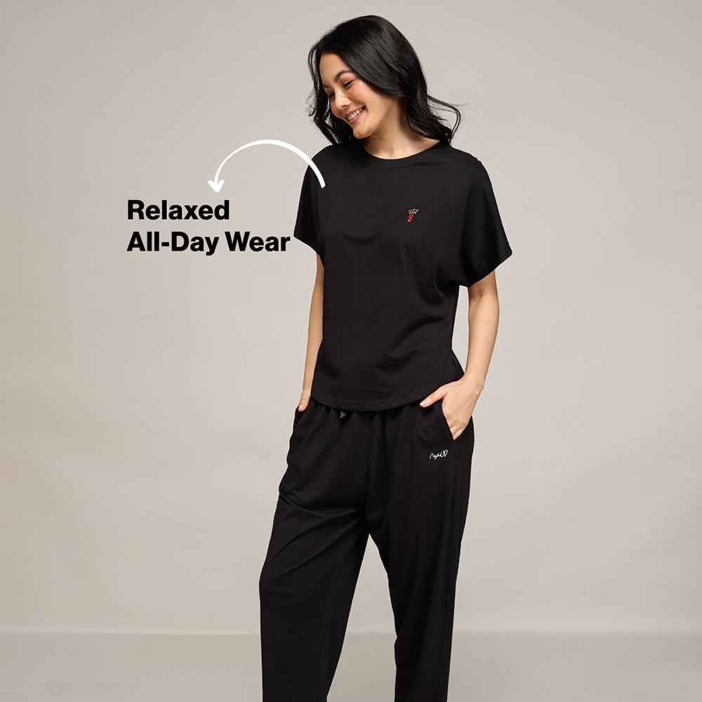 NYKD (NYS932 Soft Modal Cotton Coords Night Suit for Women | Relaxed Fit Round Neck T-Shirt with Extended Shoulder Sleeves, Pyja