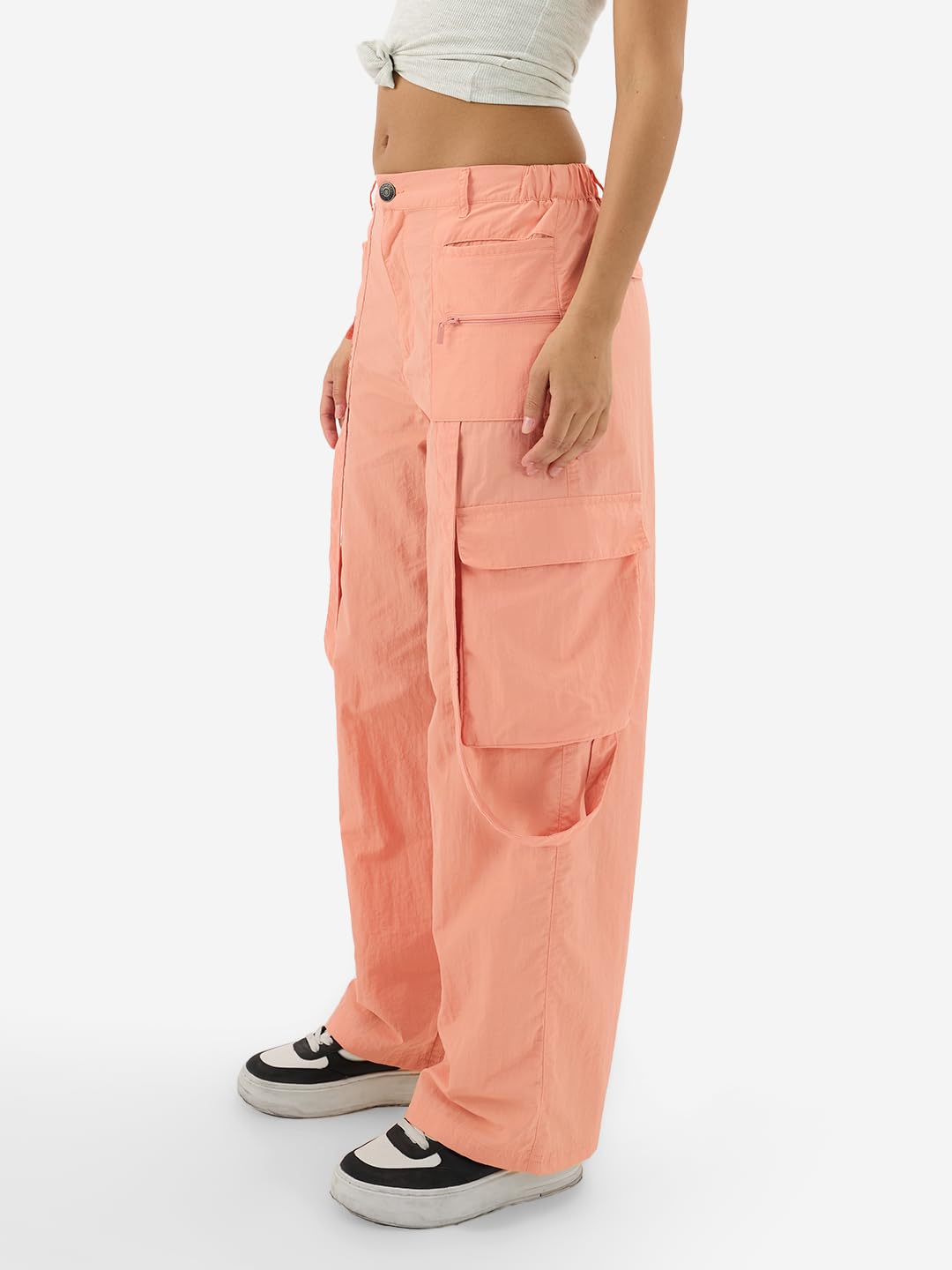 The Souled Store Coral Women and Girls Buttoned Solid Nylon Loose Fit Parachute Pants