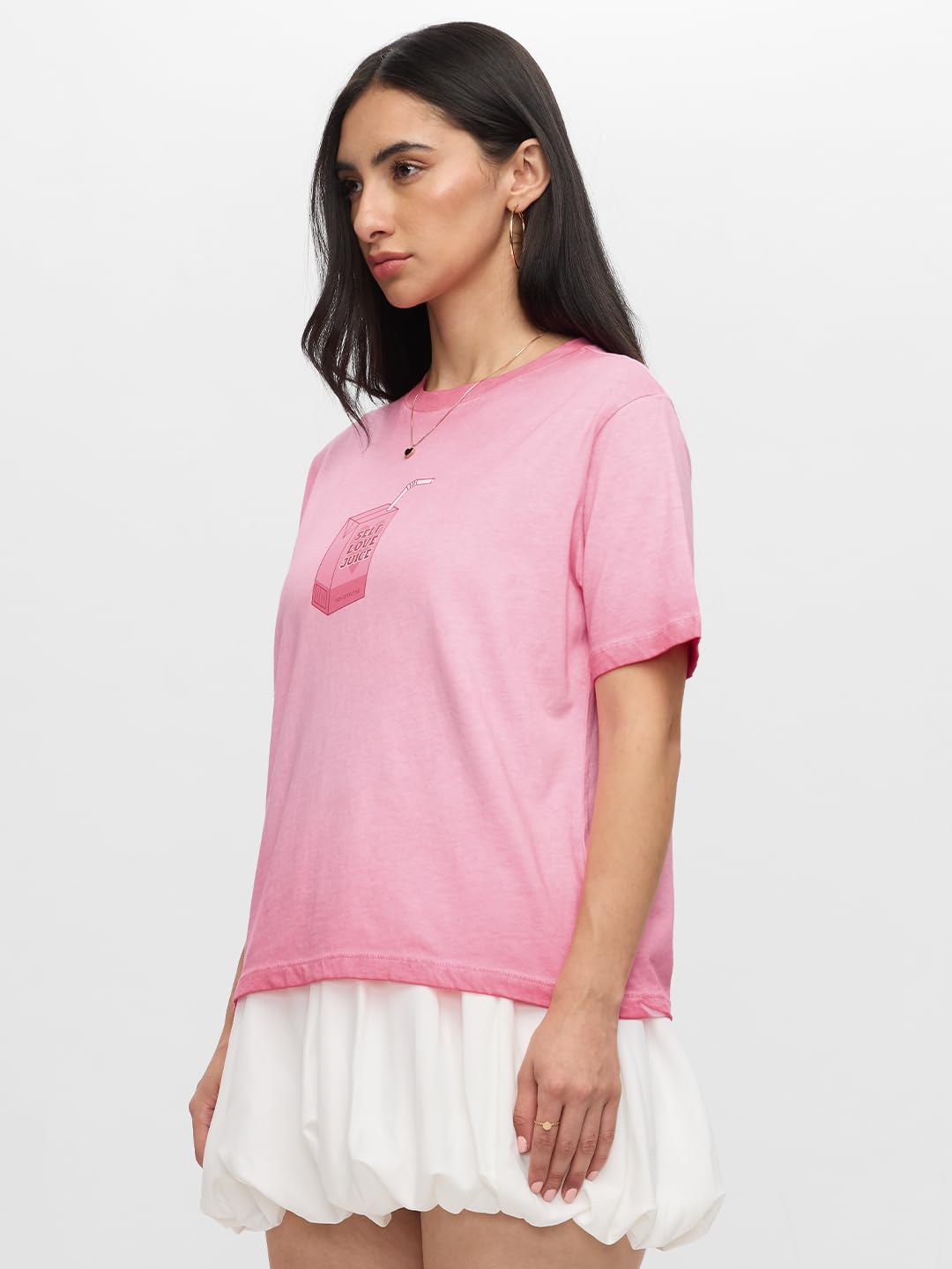 The Souled Store Love Juice: 100% Cotton Women & Girls Short Sleeve Round Neck Pink Grpahic Printed Acid Washed Relaxed Fit T-Sh