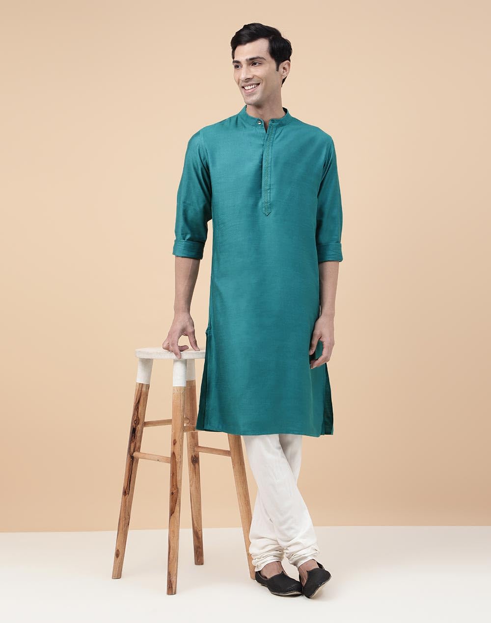 Fabindia Men's Viscose Silk Embroidered Comfort Fit Kurta (1035105TEAL_Teal