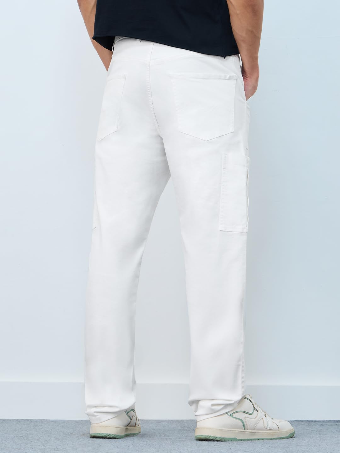 The Souled Store Mens Cargo Jeans: White Men and Boys Buttoned Solid Cotton Blend Straight Fit Cargo Jeans