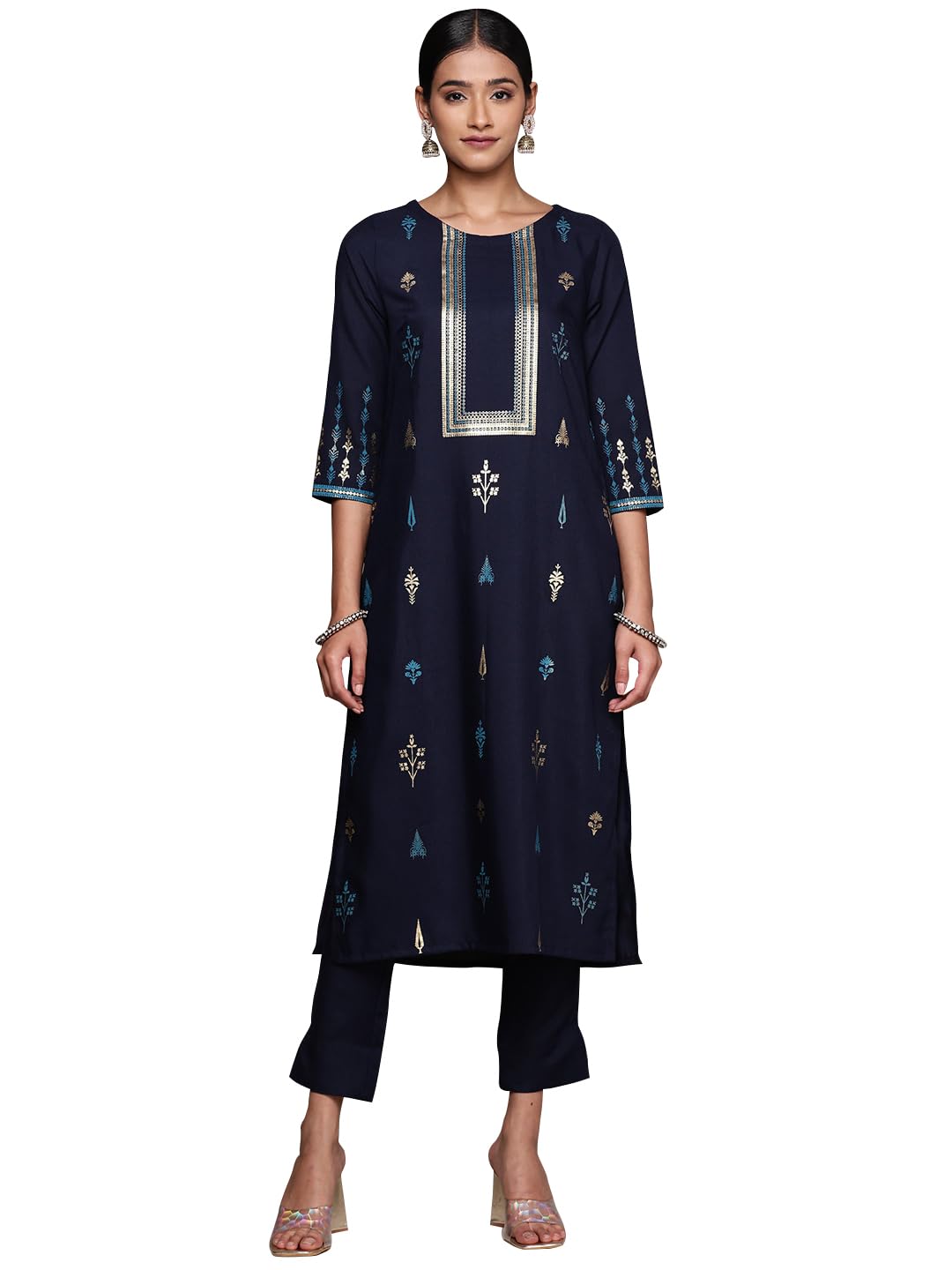 ZIYAA Women's Navy Blue Rayon Straight Kurta Pant Set (ZIKURY3984ANDPL)