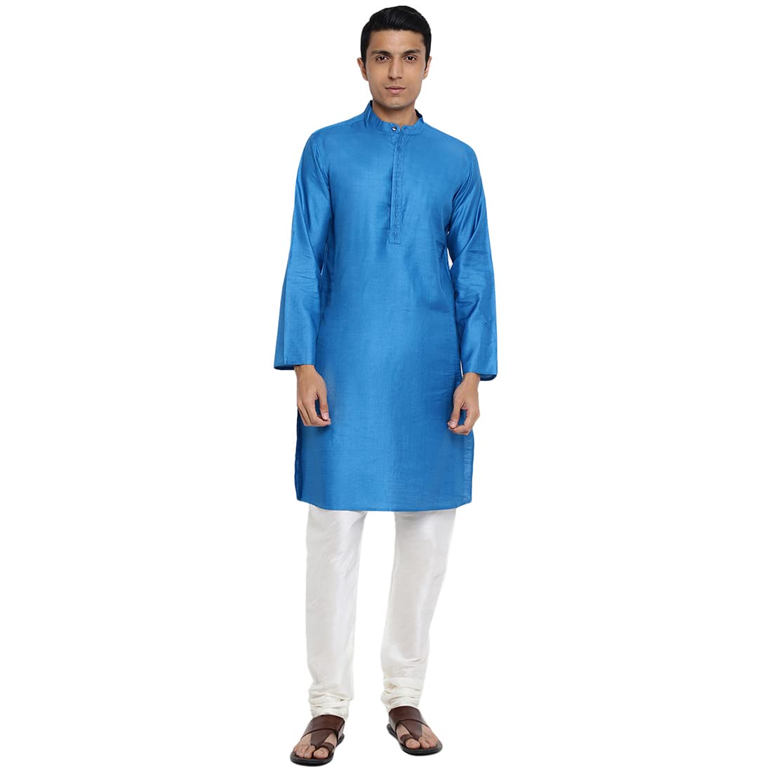 Fabindia Men Silk Long Kurta Slim Fit Blue_XS