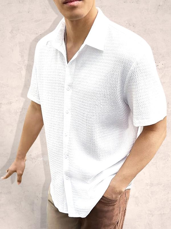 Pinkmint Popcorn Shirt for Men Soild Slim Fit Sleeve Spread Collar Trendy Men Shirt Summer Wear Goa Wear Olive