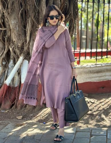 GoSriKi Women's Rayon Blend Straight Kurta Set with Pants & Dupatta, Medium, Purple, Model Raja Saab Purple-VKS01-GS