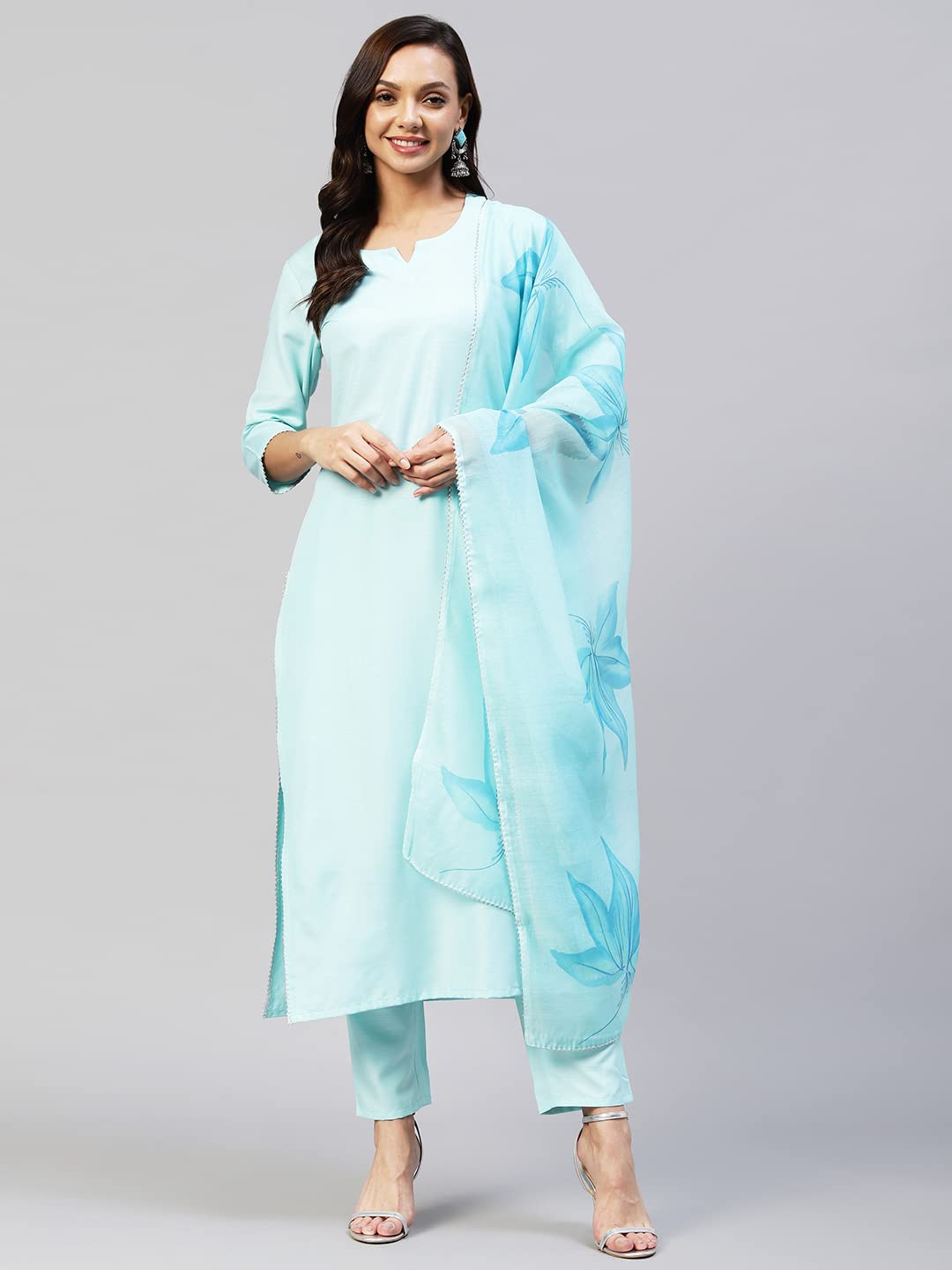 GoSriKi Women's Cotton Blend Straight Solid Kurta with Pant & Dupatta (Resoti Nw)