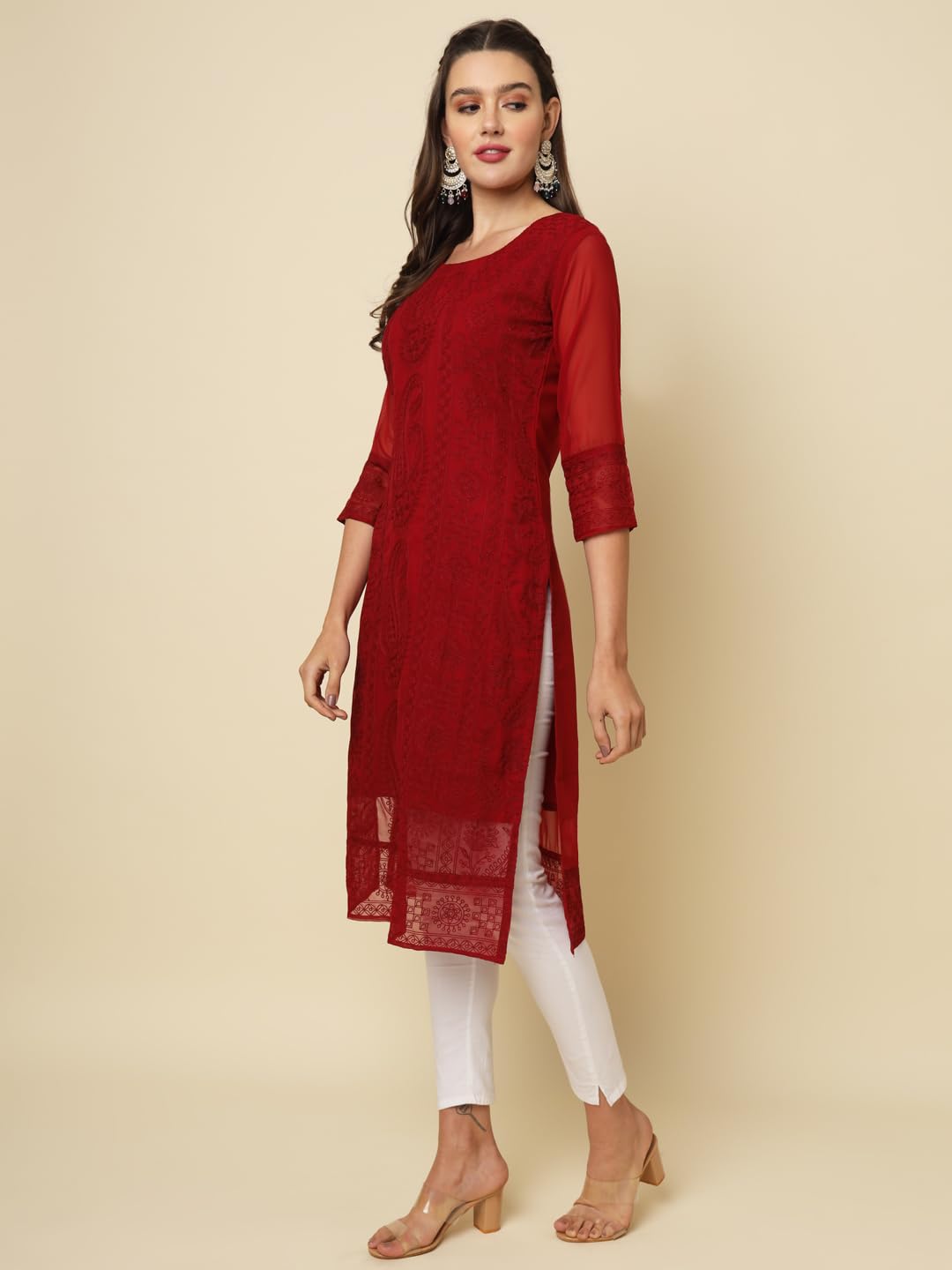 Vairagee WomenS Georgette Straight Cut Round Neck Kurta With Beautiful Lucknowi Chickankari Work (1631) Red