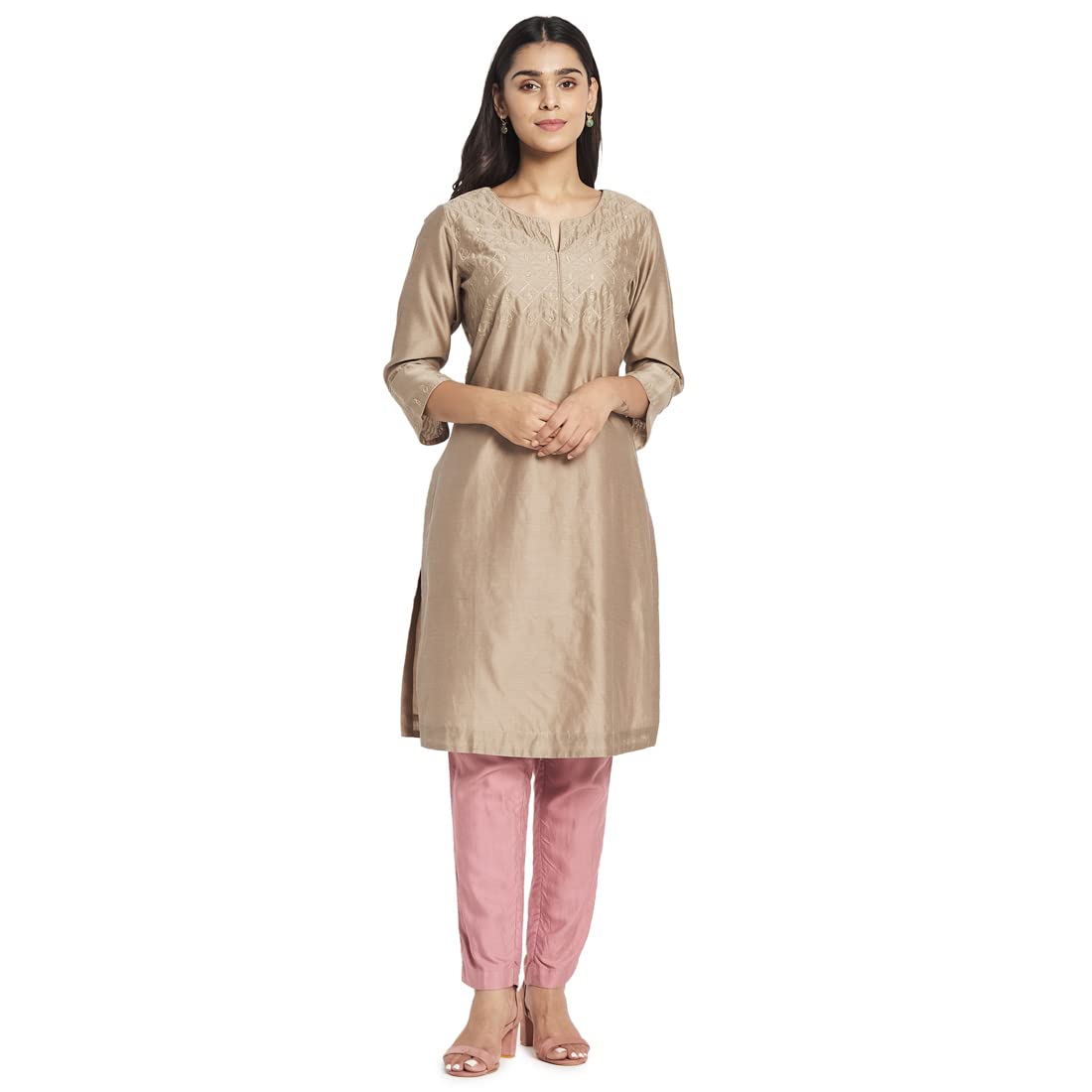 Fabindia Women Cotton Silk Embroidered Knee Length Kurta Beige_M
