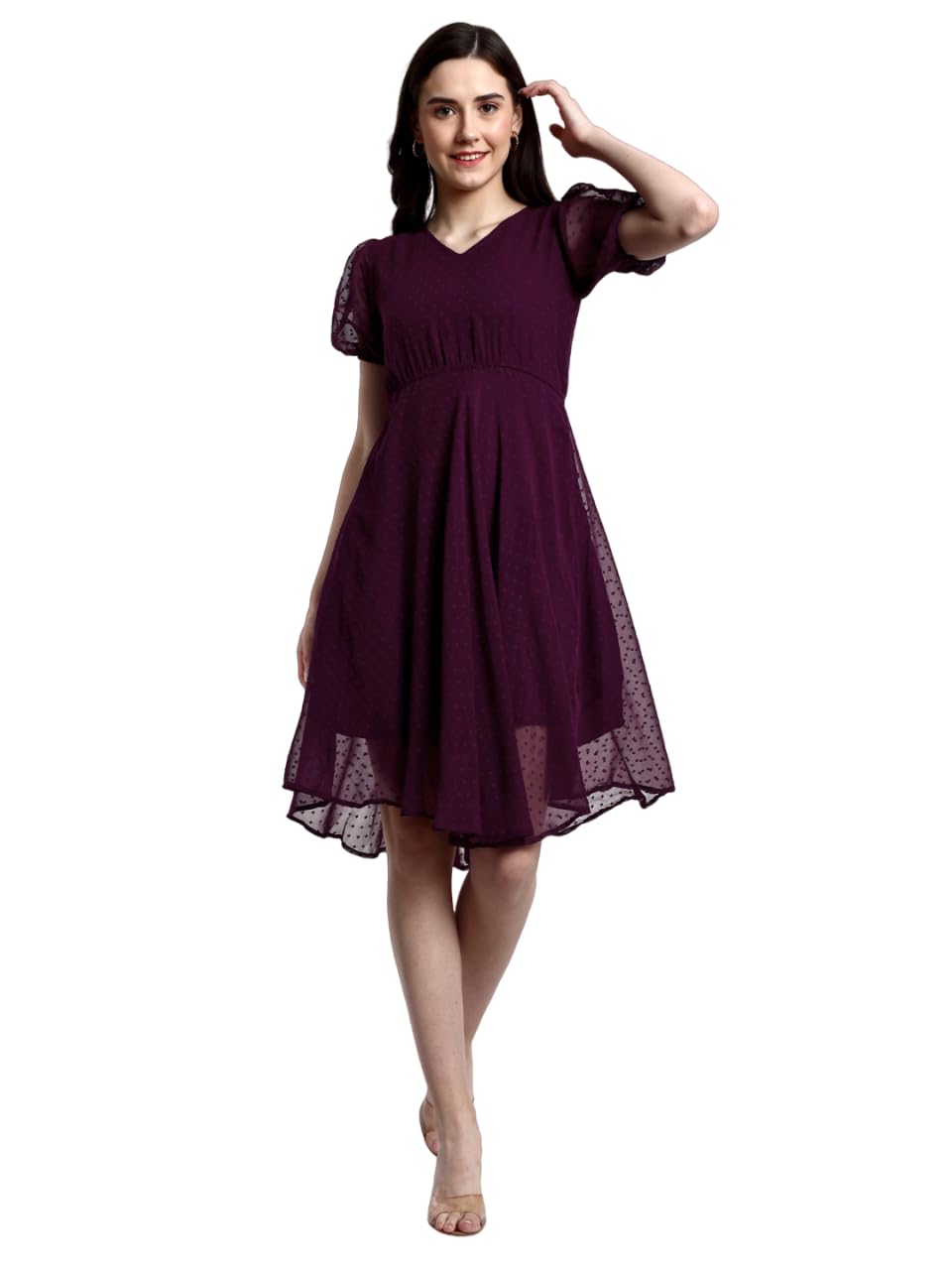 Tagas WomenS Georgette A-Line Knee-Length Dress (Op-3210_Burgundy_Small)