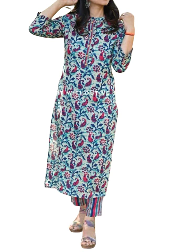 ANNI DESIGNER Womens Polycotton Straight Kurta with Pant (Phani Blue_S_Blue_Small)