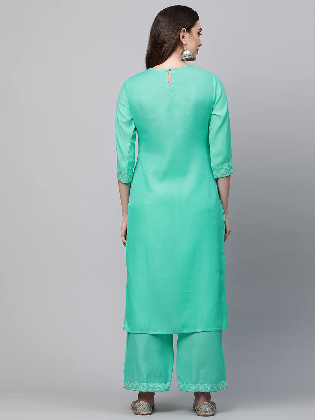 ANNI DESIGNER Women's Cotton Straight Kurta with Palazzo (KPZ-COT-10006-SEA Green)