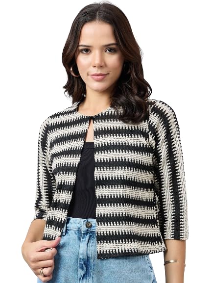 Style Quotient Women Stripe Lace Shrug Beige