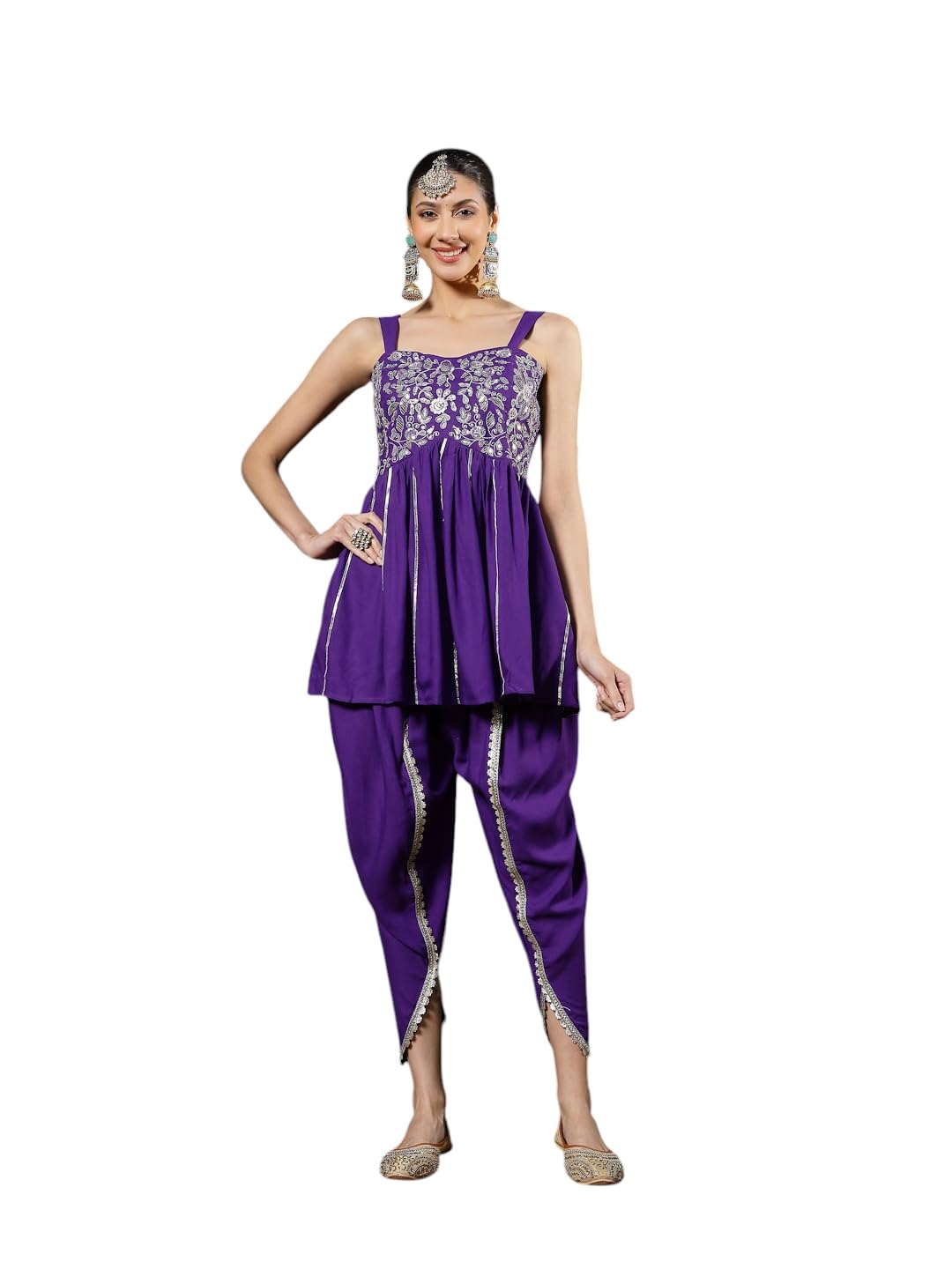 Stylum Womens Solid & Embroidered Rayon A-Line Kurti Dhoti Pant Set