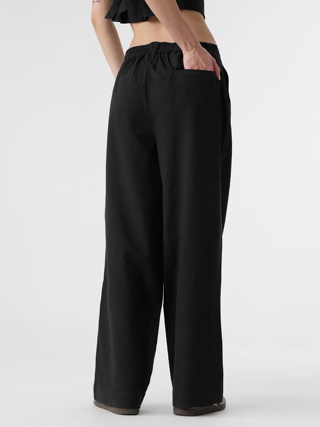 The Souled Store Cotton Linen Pants: Black Women and Girls Buttoned Coton Linen Blend Straight Fit Pants
