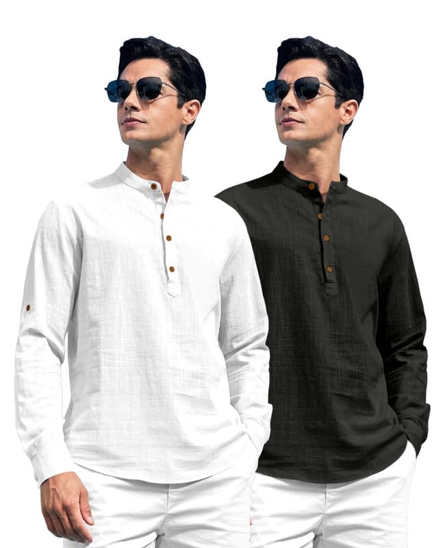ROYALSCOUT Combo of Mens Solid Cotton Blend Full Sleeve Straight Kurta Shirt (Pack of 2) White-Black