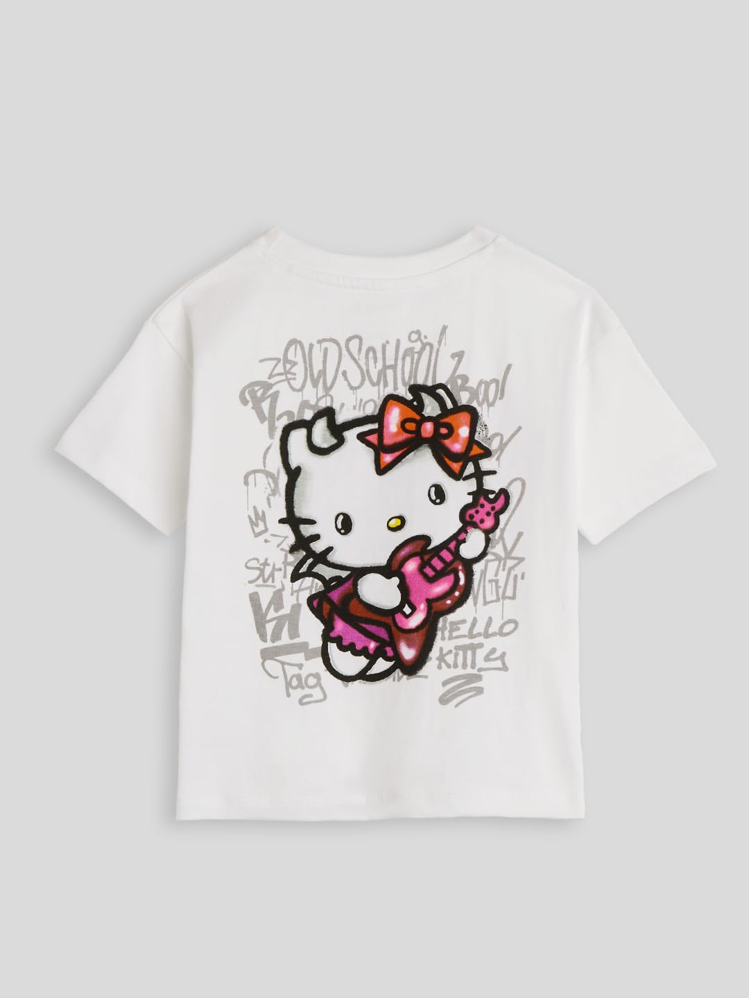 The Souled Store Hello Kitty: Musical Girls Short Sleeves Round Neck White Graphic Printed Cotton Oversized T-Shirts