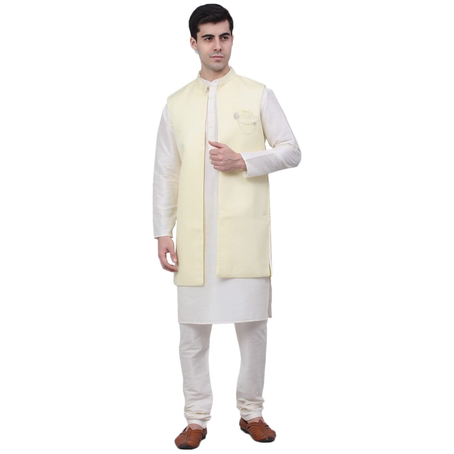 Jompers Mens Solid Kurta Pyjama Set With Woven Design Waistcoat Jacket