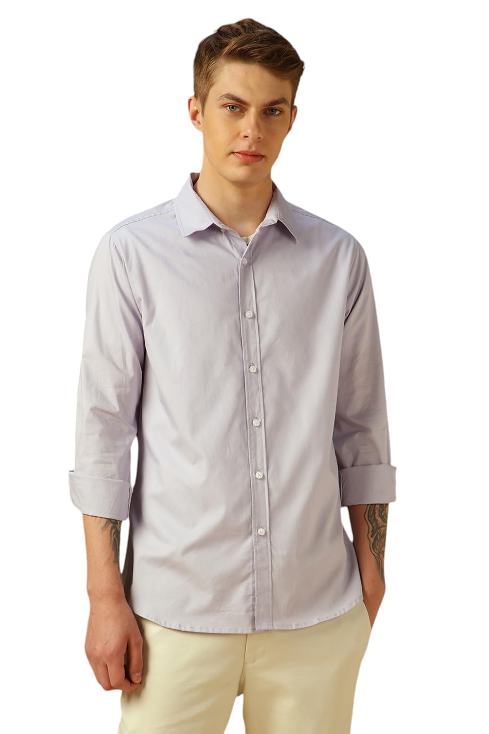 Dennis Lingo MenS Lilac Full Sleeve Spread Collar Solid Regular Fit Casual Shirt
