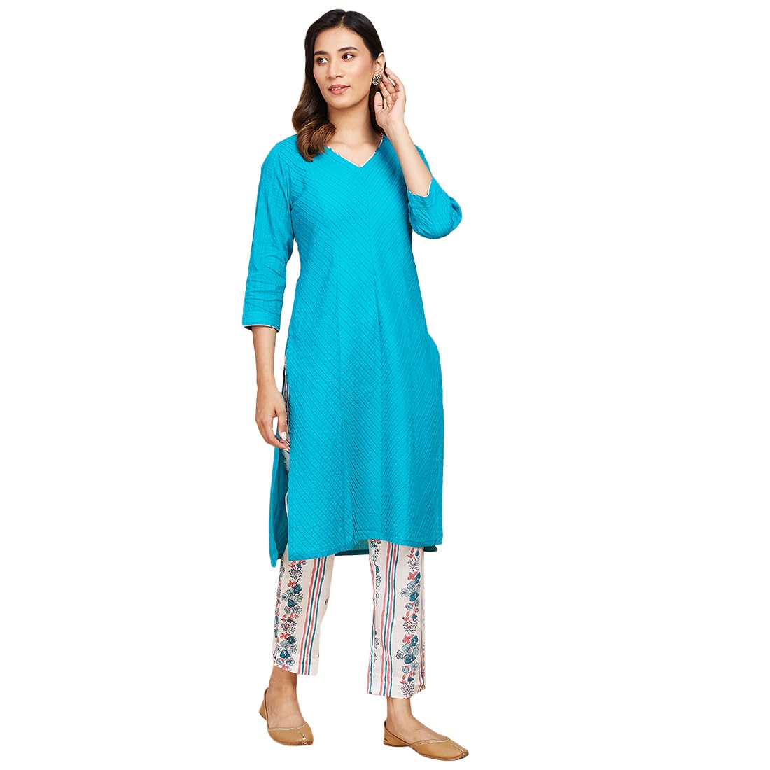 Fabindia WomenS Cotton Suit-Dress Set (20064705_Turquoise
