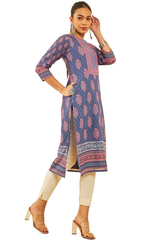 Soch Womens Blue Cotton Floral Printed Kurta with Thread Work & Sequins