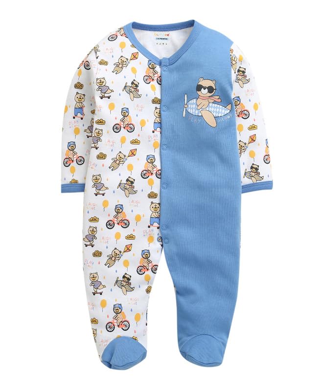 Bumzee Boys Cotton Full Sleeves Sleepsuit White & Blue - New Born (Peb10924A-Wht)
