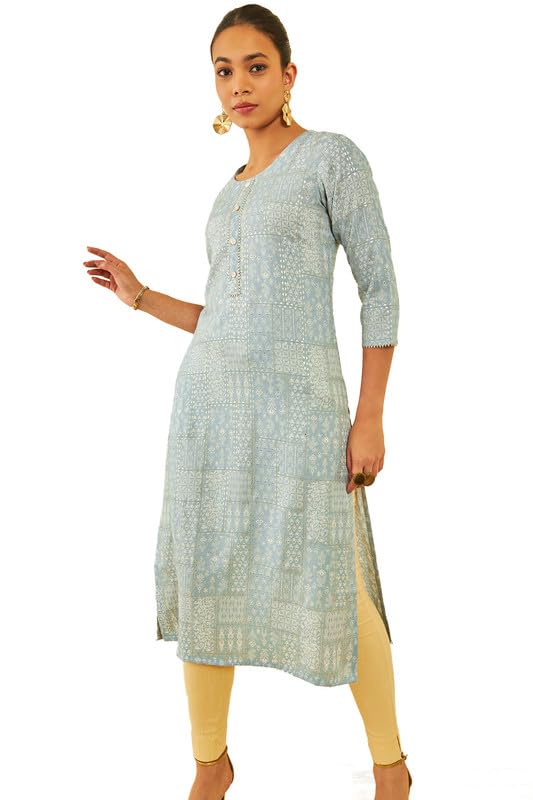 Soch Womens Onion Pink Rayon Floral Foil Printed Kurta with Gotta Patti