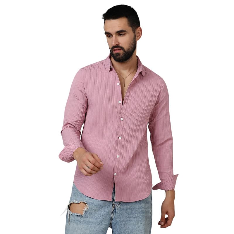 Campus Sutra Mens Salmon Pink Self-Design Striped Shirt for Casual Wear | Spread Collar |Long Sleeve | Button Closure | Shirt C
