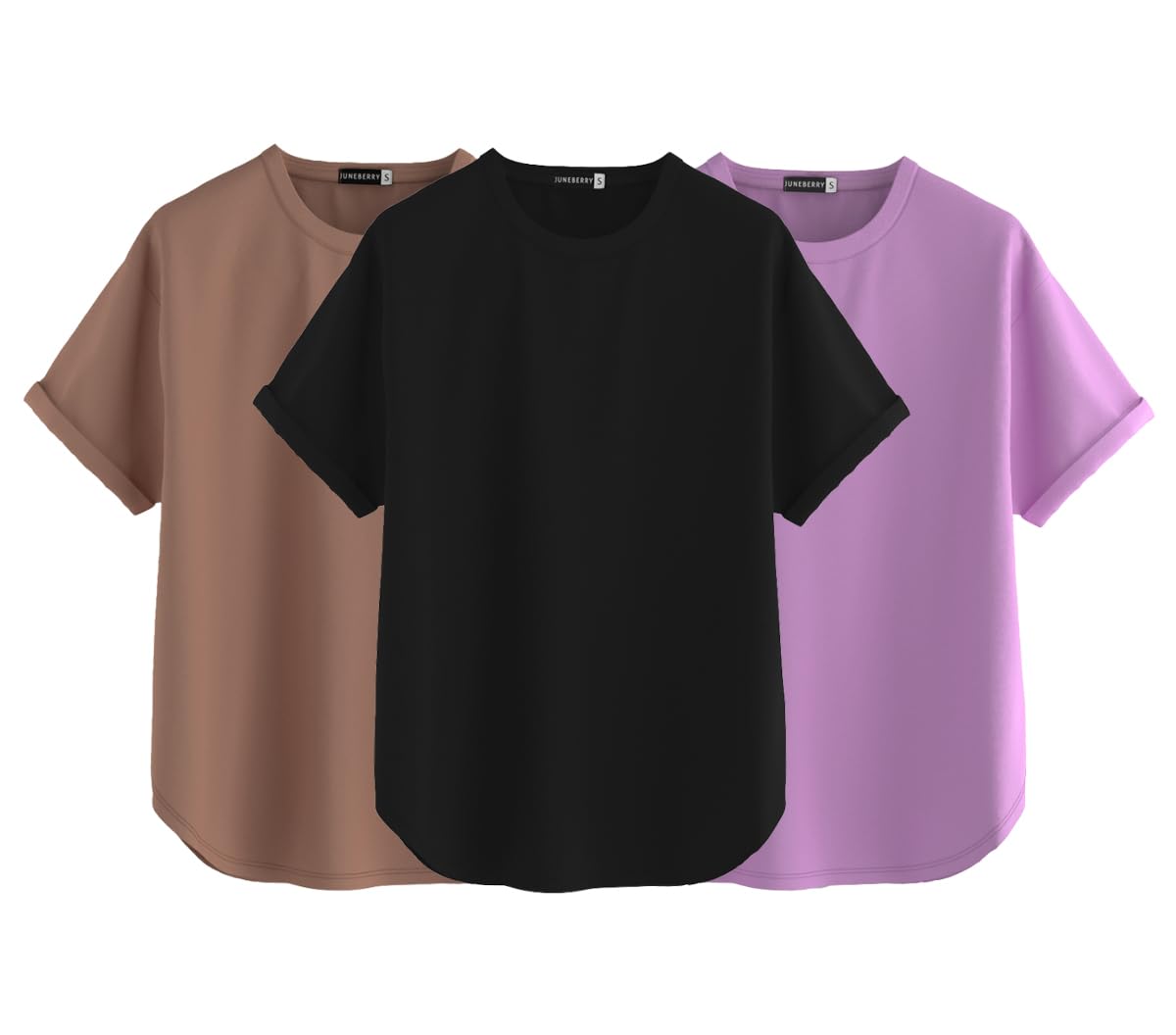 Juneberry Pure 100% Cotton Oversized Loose Baggy Fit Round Neck With Drop Shoulder Black & Cork & Lilac Half Sleeves Boyfriend T