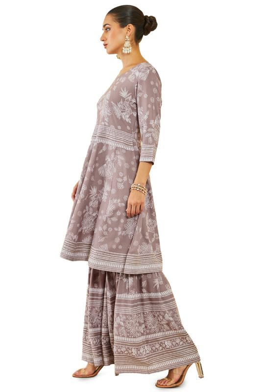 Soch Womens Earth Rayon Kurta Set with Floral Print and Gota Patti
