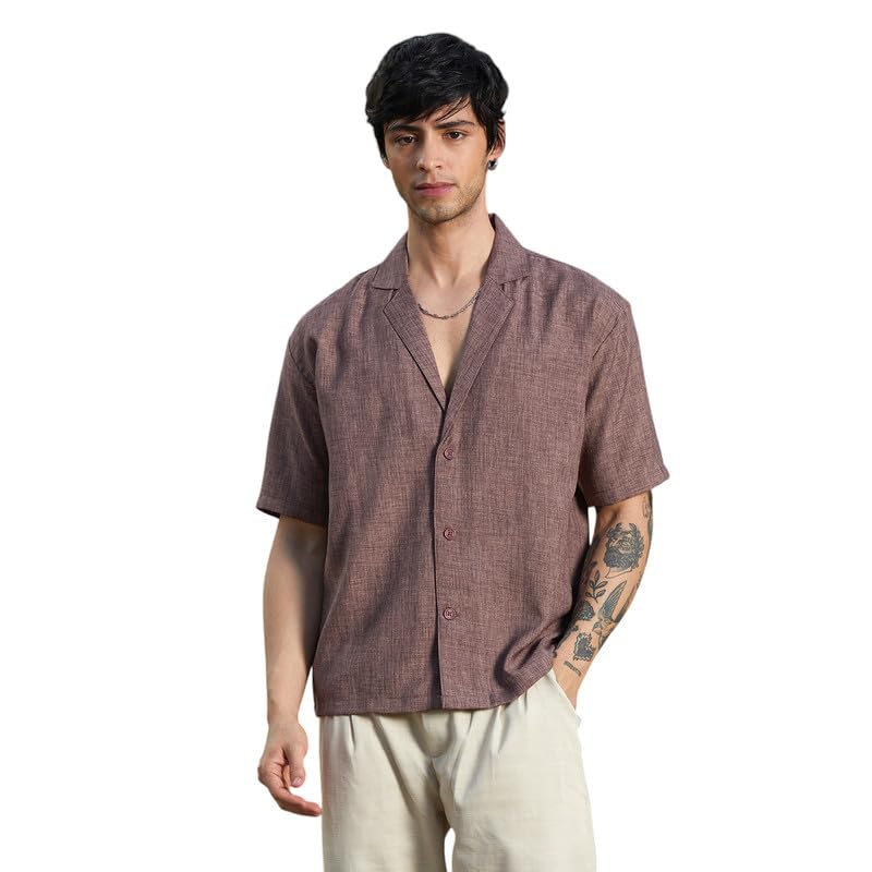 Campus Sutra Mens Brown Stone Heathered Korean Oversized Shirt for Casual Wear | Lapel Collar | Short Sleeve | Button Closure |