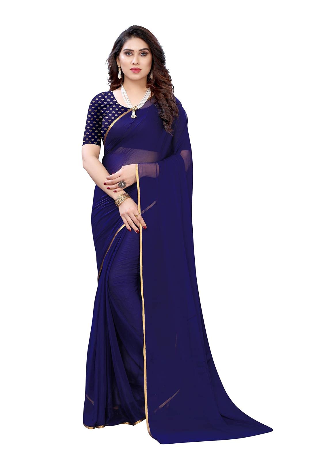 ANNI DESIGNER Womens Pure Chiffon Printed Saree with Blouse Piece (ERIC DARK BLUE_Free Size)