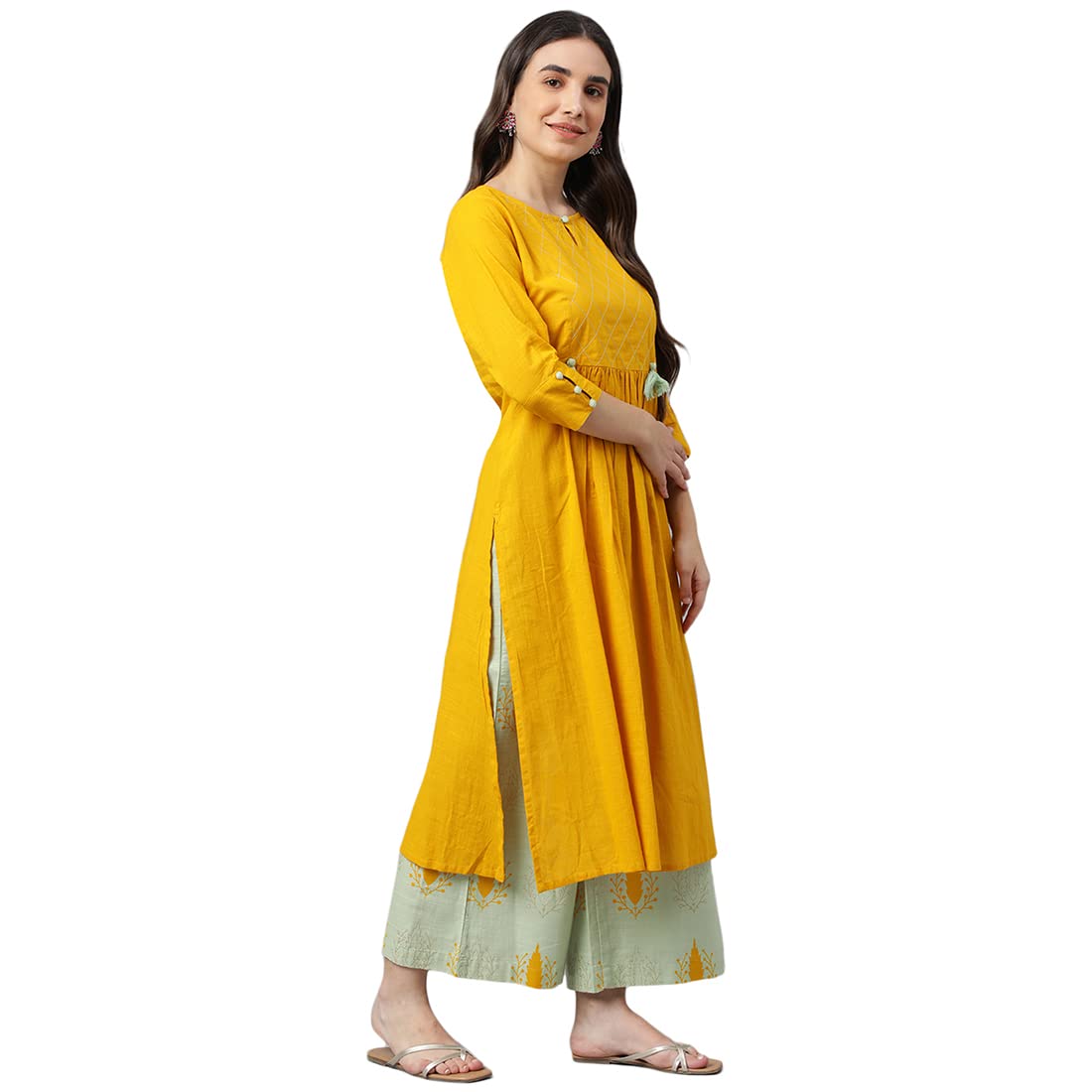 Idalia Womens Ethnic Wear Sage Green And Mustard A-Line Cotton Kurta With Palazzo Set For Women Fashion