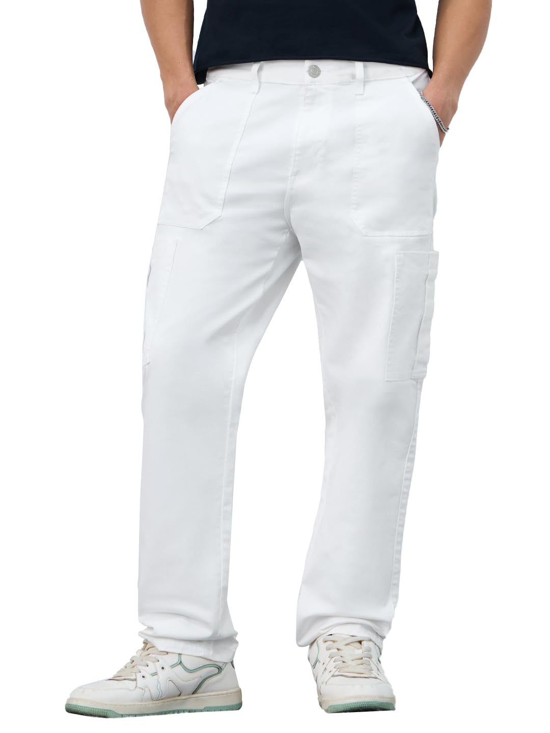 The Souled Store Mens Cargo Jeans: White Men and Boys Buttoned Solid Cotton Blend Straight Fit Cargo Jeans