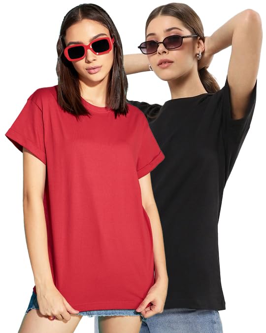 Bewakoof Womens Solid Boyfriend fit Half Sleeve Round Neck Cotton T-Shirt (Pack of 2)_568955_S