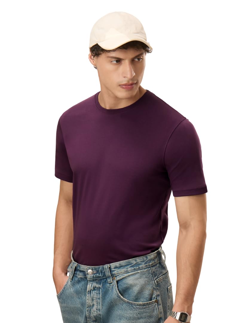 The Souled Store Deep Purple Men and Boys Short Sleeve Round Neck Solid Regular Fit Supima Cotton T-Shirts