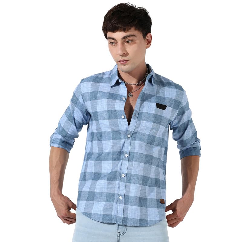 Campus Sutra Mens Blue Checks Button Up Regular Fit Shirt for Casual Wear | Cotton Spread Collar Shirt Crafted with Regular Sle