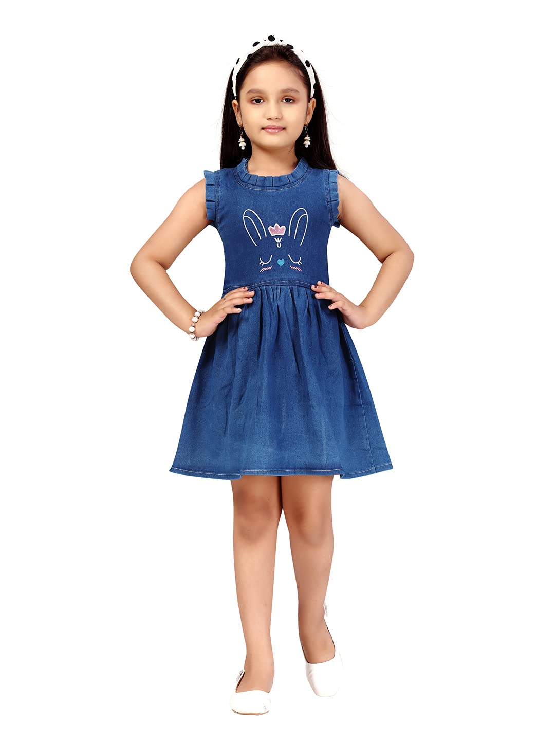 Aarika GirlS Denim Skater Knee-Length Dress (Jn_Dr-31279_Blue