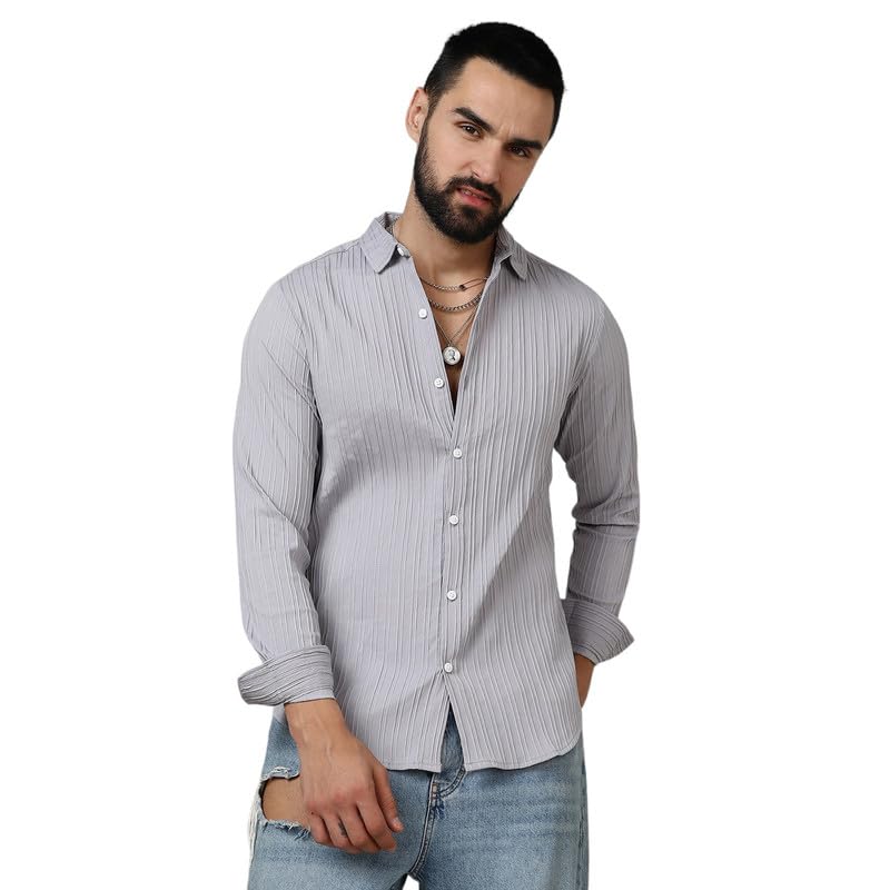 Campus Sutra Mens Moon Grey Self-Design Striped Shirt for Casual Wear | Spread Collar | Long Sleeve | Button Closure | Shirt Cr