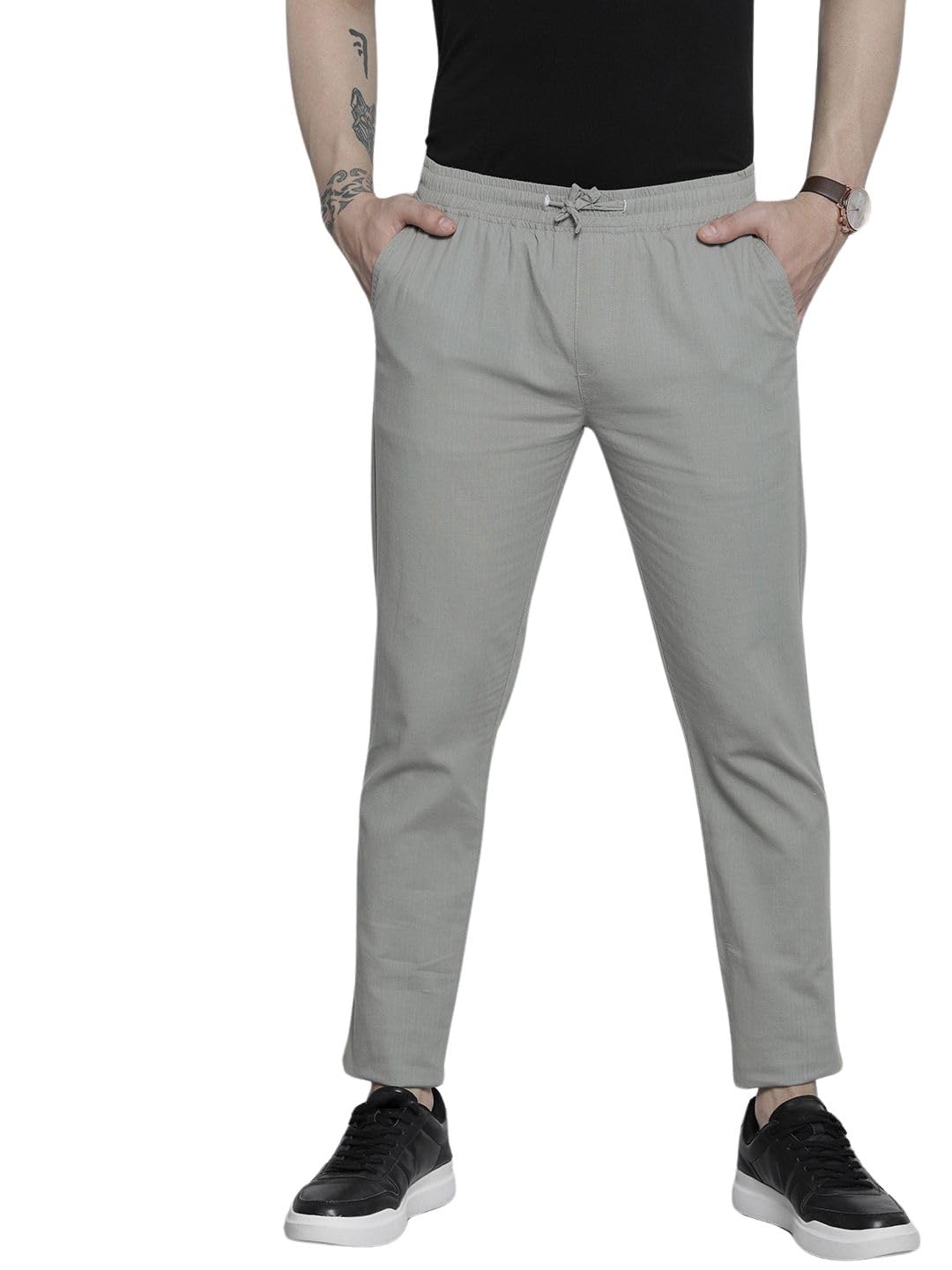 The Indian Garage Co Men Slim Fit Solid Mid-Rise Elasticated Linen Jogger Trouser Natural Grey