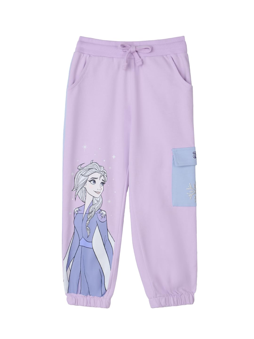 The Souled Store Disney: Magical Elsa Girls Cotton Drawstringed Purple Graphic Printed Regular Fit Cotton Joggers (2-8 Yrs)