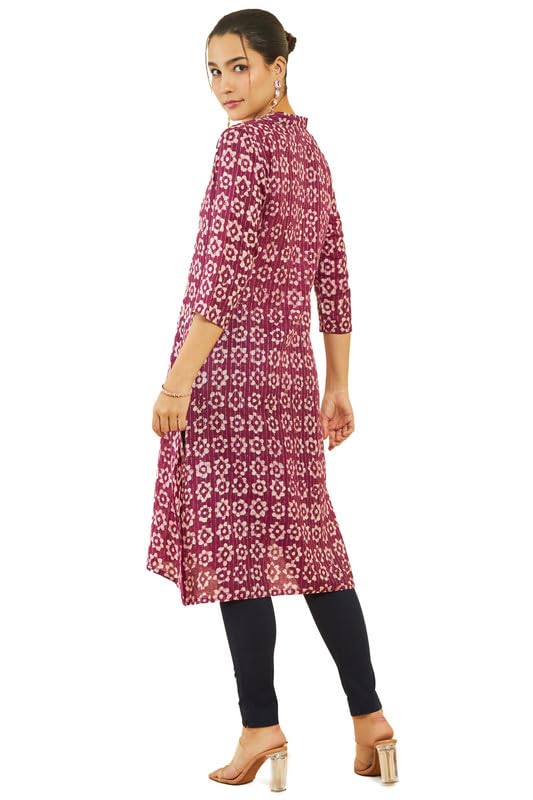 Soch Womens Wine Viscose Floral Batik Print V-Neck Straight Kurta