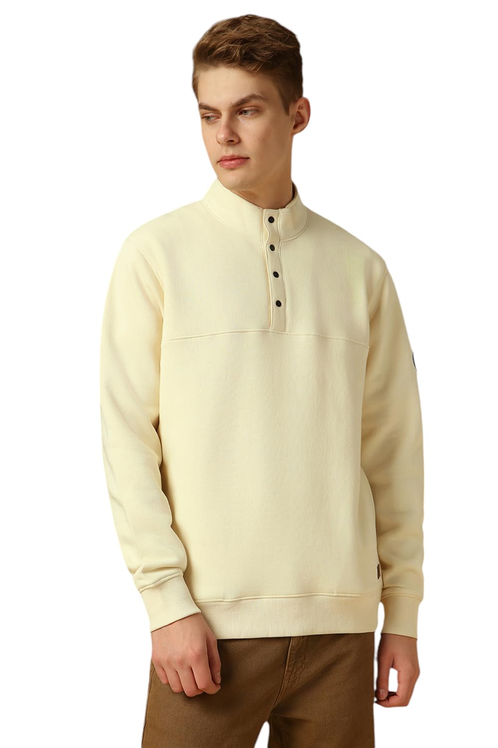 Dennis Lingo Men Off White Relaxed Fit Full Sleeve Mock Collar Sweatshirt.