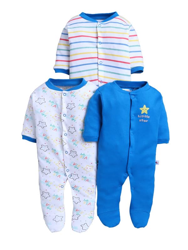 BUMZEE Baby Boys Cotton Full Sleeves Pack of 3 Sleepsuit Royal Blue & White - New Born (Peb11020A-rbl)