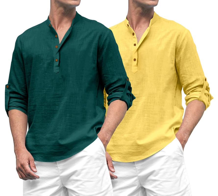 Royalscout Combo Of MenS Solid Cotton Blend Full Sleeve Straight Kurta Shirt (Pack Of 2) Green-Yellow