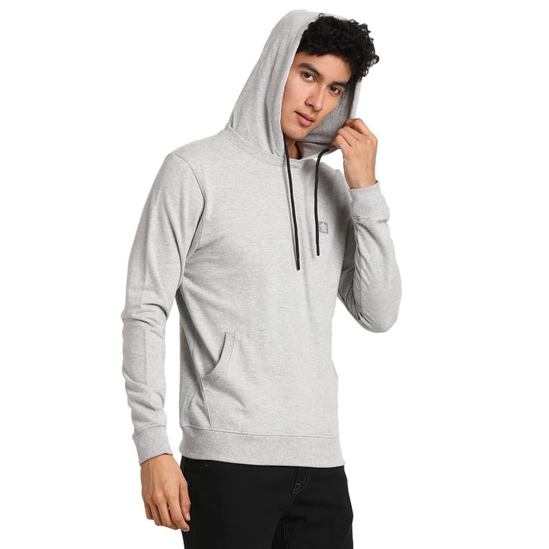 Turtle Men Poly Cotton Grey Melange Plain Regular Fit Full Sleeve Casual Hooded Sweatshirt