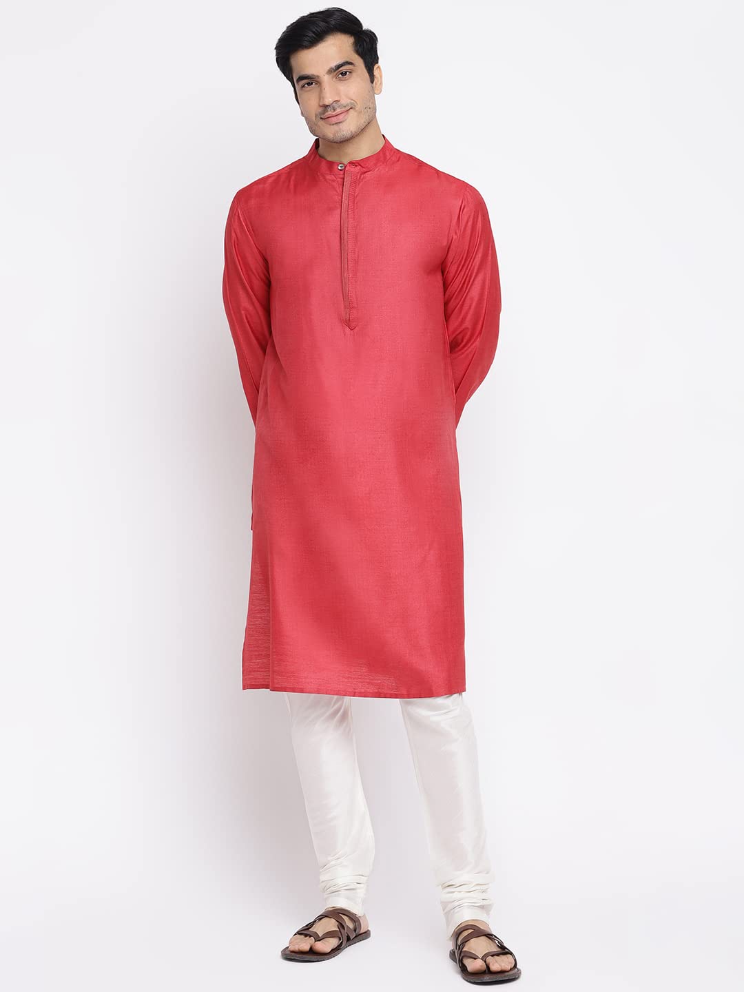 Fabindia Men Silk Woven Long Kurta Red_XS