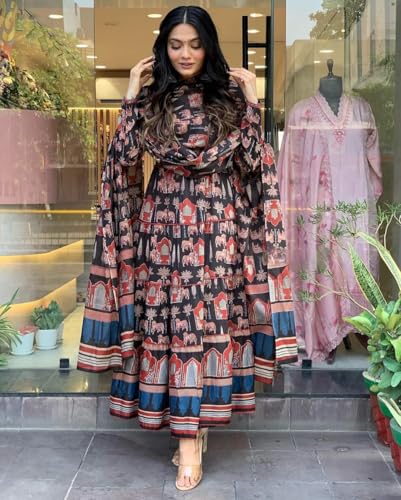 Toochki Women's Cotton Anarkali Printed with Embroidered Kurta with Palazzo & Dupatta Set